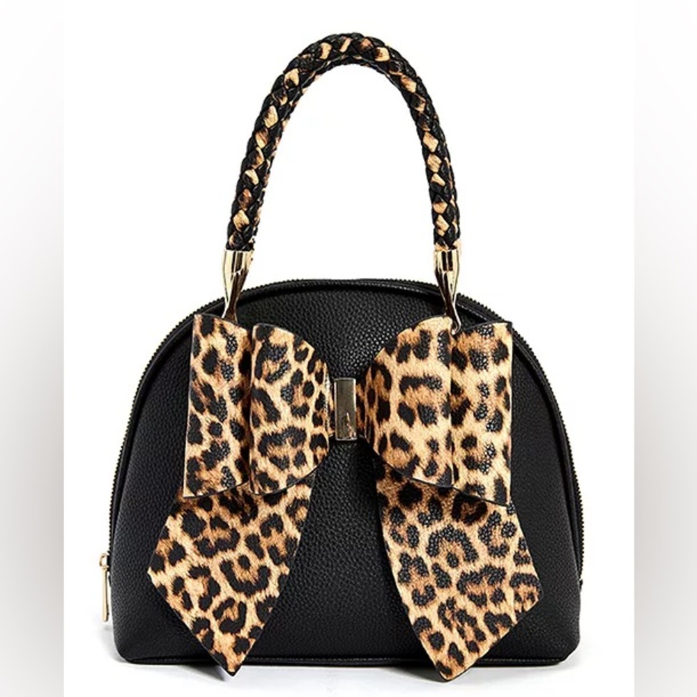Crossi Like Dreams Leopard Top Handle Small Bow Handbag Crossbody Black Brown - Picture 2 of 11